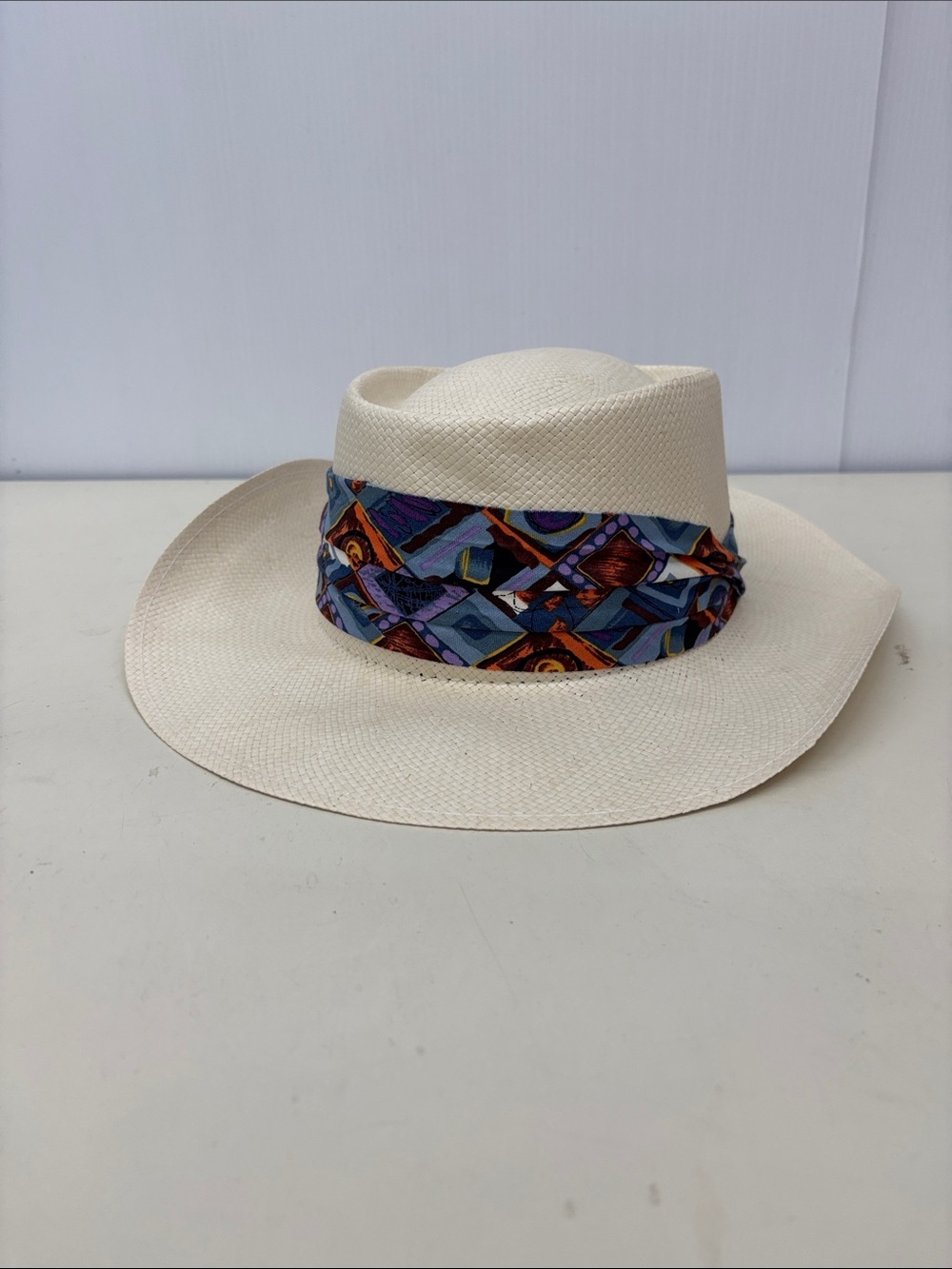 Cream Straw Hat with Patterned Blue Band